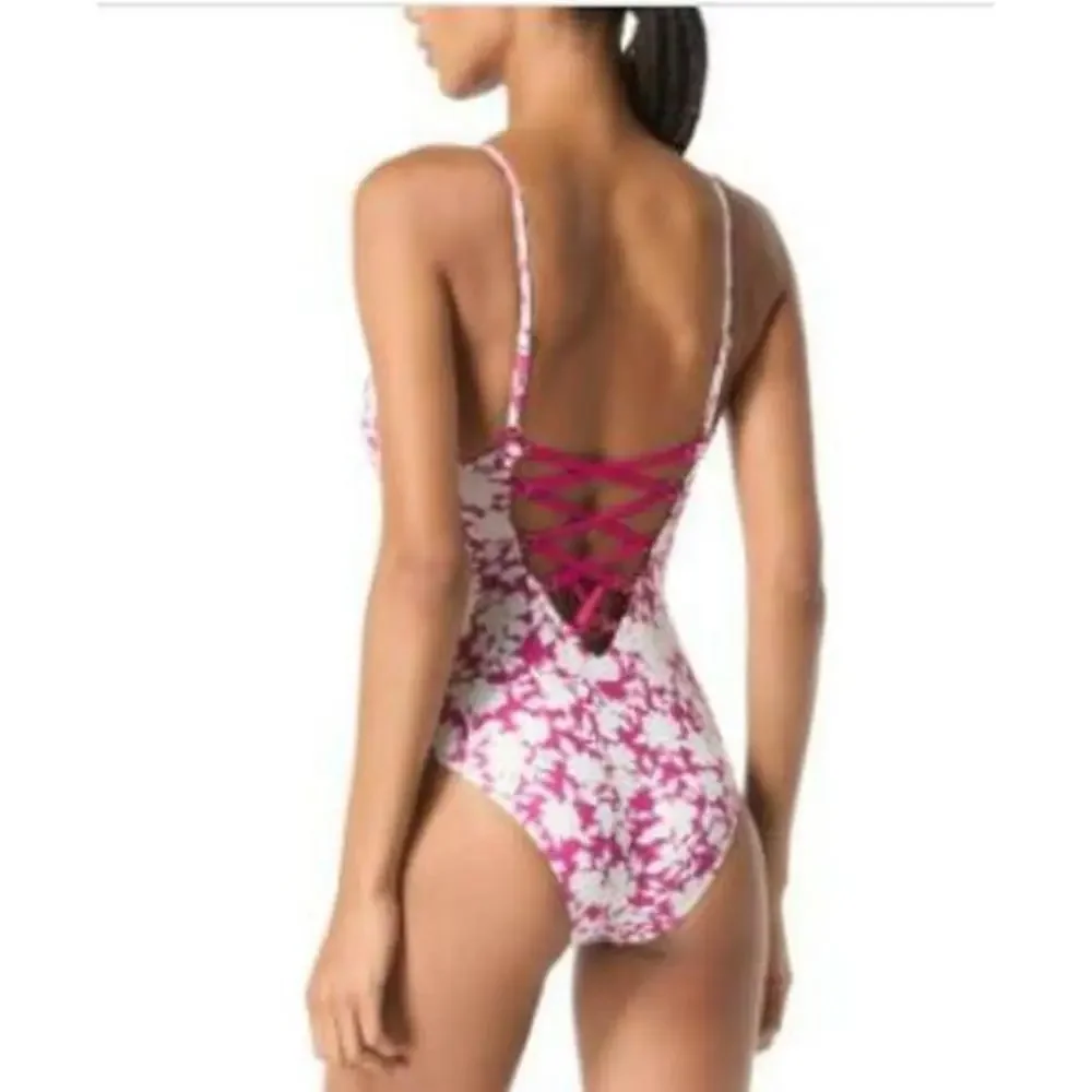 MICHAEL Michael Kors Lace Back One Piece Swimsuit Pink/White Floral 14